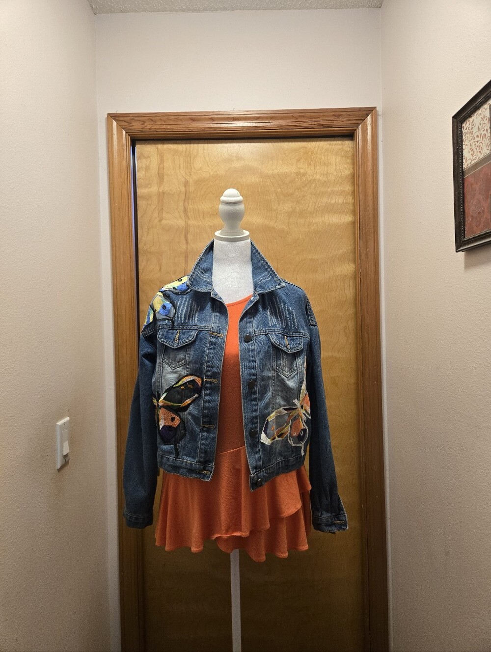Size Small Embellished Blue Denim Jacket with Butterfly Appliques